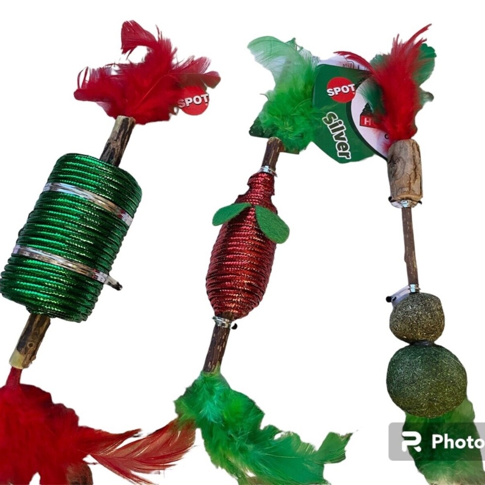 Spot Holiday Silver Vine Cord Stick Feather Chew Toy Lot 3 Toys Pets Cat